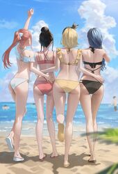  4girls arm_around_waist arm_up ass bare_legs beach bikini blurry blurry_background bow clenched_hand cloud commentary criss-cross_back-straps cross-laced_bikini cross-laced_clothes cross-laced_slit cumulonimbus_cloud day enokawa_kokoro_(hara_kenshi) facing_away feet fist_pump flip-flops footprints frilled_bikini frills from_behind full_body girl_sandwich group_picture hair_bun hair_over_shoulder hairbow hand_on_another&#039;s_back hara_kenshi highres horizon kimishima_touka kneepits kunitomi_ryouka kuroba_mitsuha leg_lift legs lineup looking_afar median_furrow multi-strapped_bikini_bottom multiple_girls nape original outdoors outstretched_arm people ponytail raised_fist sand sandals sandwiched short_hair shoulder_blades side-tie_bikini_bottom single_hair_bun standing standing_on_one_leg swimsuit 