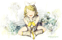  2017 anniversary bare_shoulders black_sailor_collar black_shorts black_sleeves blonde_hair bow character_name closed_eyes commentary detached_sleeves facing_up facing_viewer female from_above hair_ornament hairbow hairclip headphones headset highres holding_own_foot kagamine_rin knees_apart_feet_together leg_warmers nagimiso nail_polish neckerchief open_mouth outdoors plant potted_plant sailor_collar school_uniform shirt short_hair short_shorts shorts sleeveless sleeveless_shirt smile solo swept_bangs vocaloid watering_can white_bow white_footwear white_shirt yellow_nails yellow_neckerchief 