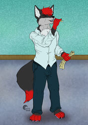  anthro black_body black_fur canid canine crazy-husky drinking fox fur hair hi_res imminent_transformation lucky_star_(character) male mammal potion red_body red_fur red_hair solo transformation_potion white_body white_fur 