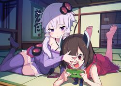  2girls :&lt; ahoge architecture barefoot blush_stickers brown_hair commentary criss-cross_halter detached_sleeves dress east_asian_architecture feet feet_up furrowed_brow hair_ornament hair_tubes halterneck hand_over_another&#039;s_eyes hand_over_face handheld_game_console hanging_scroll headgear hibi_tsuna highres hip_gear lying multiple_girls on_side on_stomach open_mouth pout purple_dress purple_eyes purple_hair purple_sleeves purple_thighhighs red_dress red_eyes scroll short_dress short_hair sidelocks skindentation sleeveless sleeveless_dress sliding_doors smile tatami the_pose thighhighs touhoku_kiritan translated v-shaped_eyebrows voiceroid yuzuki_yukari zettai_ryouiki 