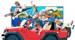  3boys 4girls bag beach bow candy car clover commentary_request dark-skinned_female dark_skin dizzy_(guilty_gear) dong_hole dress elphelt_valentine eyepatch family floating_hair flower food four-leaf_clover glasses guilty_gear guilty_gear_strive halo hat hat_bow hat_ribbon headband highres huge_weapon jack-o&#039;_valentine jeep_(company) jeep_wrangler ky_kiske large_hat lollipop mother_and_daughter motor_vehicle multiple_boys multiple_girls ocean palm_tree ramlethal_valentine ribbon sand short_hair short_shorts shorts siblings sin_kiske sisters slippers sol_badguy spiked_halo sun_hat sundress sword tree twintails vacation vehicle_focus weapon yellow_bow yellow_ribbon 