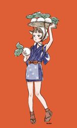  animal_crossing arm_up basket blue_kimono brown_hair chin_strap daisy_mae_(animal_crossing) female highres humanization igeta_(pattern) japanese_clothes kimono leaf object_on_head red_background sandals short_hair short_kimono simple_background solo tabi tronc turnip 