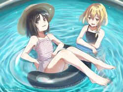  2girls bangs black_clothes blonde_hair bow brown_eyes brown_hair eyebrows_visible_through_hair hair_between_eyes hakurei_reimu hand_on_hip hat inflatable_circle kirisame_marisa looking_at_viewer matsukuzu md5_mismatch multiple_girls open_mouth short_hair short_twintails smile touhou twintails water white_bow white_clothes yellow_eyes 