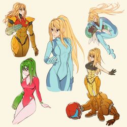  alternate_costume arm_cannon assault_visor bare_shoulders black_gloves blonde_hair blue_eyes breasts cowboy_shot cropped_legs female full_body gloves green_eyes green_hair helmet highres hug justin_bailey long_hair metroid metroid_(creature) multiple_views oxcoxa ponytail power_suit_(metroid) samus_aran sleeping standing thighs varia_suit weapon zero_suit 