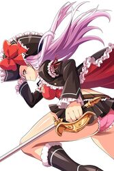  ass belt black_footwear black_hat black_jacket black_skirt boots bow breasts bustier captain_liliana closed_mouth female floating_hair frilled_panties frills hand_up hat holding holding_sword holding_weapon jacket large_breasts legs long_hair looking_at_viewer miniskirt official_art panties pink_eyes pink_hair pink_panties pirate pirate_hat pleated_skirt profile queen&#039;s_blade queen&#039;s_blade_rebellion queen&#039;s_blade_white_triangle rapier red_bow ribbon skirt smile solo sword underwear weapon wind wind_lift 