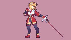  bad_id bad_twitter_id blonde_hair breasts buskhusker commentary english_commentary female full_body hairband hand_on_own_chest highres isabelle_(buskhusker) looking_to_the_side necktie original pixel_art rapier red_eyes red_footwear red_sleeves skirt smile solo sword thighhighs weapon 