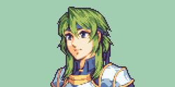  armor bad_id bad_twitter_id blue_eyes buskhusker close-up closed_mouth female fire_emblem green_background green_hair hair_between_eyes headband highres looking_to_the_side original pixel_art portrait simple_background solo 