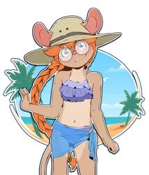  2023 accessory anthro beach bikini bikini_bottom bikini_top bottomwear braided_hair braided_ponytail buckteeth clothing eyewear female front_view glasses hair hair_accessory hairband hat head_tilt headgear headwear looking_at_viewer mammal marigold_(marcushunter) mouse murid murine navel palm_tree plant ponytail rodent sand sea seaside sicmop skirt sky skyscape smile smiling_at_viewer solo standing summer_hat swimwear teeth translucent translucent_bottomwear translucent_clothing translucent_skirt tree water 