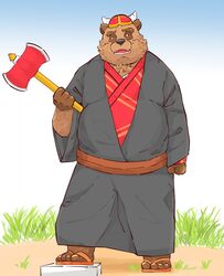  2015 andikapatok anthro asian_clothing axe black_nose brown_body brown_fur canid canine clothing east_asian_clothing fur hi_res humanoid_hands japanese_clothing kemono kimono male mammal melee_weapon overweight overweight_anthro overweight_male oxiel_(character) raccoon_dog solo tanuki viking_helmet weapon 