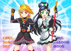  2girls blue_hair brooch brown_hair commentary_request cure_black cure_white dress earrings futari_wa_precure gloves heart heart_brooch jewelry kamen_rider kamen_rider_black kamen_rider_black_(series) long_hair looking_at_viewer magical_girl misumi_nagisa multiple_girls open_mouth precure satan_saber shadow_moon short_hair skirt smile sword ueyama_michirou voice_actor_connection weapon yukishiro_honoka 