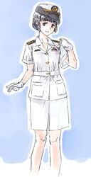  alternate_costume bad_id bad_twitter_id black_hair blue_background blue_eyes epaulettes feet_out_of_frame female gloves hair_bun hair_ornament hairclip japan_maritime_self-defense_force japan_self-defense_force kantai_collection long_hair looking_at_viewer military military_uniform myoukou_(kancolle) simple_background single_hair_bun smile solo suzumaru uniform white_gloves 