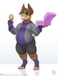  2019 3_toes 4_fingers anthro belly big_belly biped bottomwear box brown_body brown_fur brown_hair cheek_tuft clothed clothing conditional_dnp container dessert digital_drawing_(artwork) digital_media_(artwork) doughnut ear_piercing eating eyewear facial_tuft fangs feet fingers food front_view fur goggles gremlin_(spiral_knights) grey_havens hair holding_food holding_object male masonparker open_mouth open_smile pants pastry patreon paws piercing ryth sharp_teeth signature simple_background slightly_chubby small_tail smile solo spiral_knights standing sweater tail tan_body tan_fur teeth text three-quarter_view toes topwear tuft url watermark white_background 