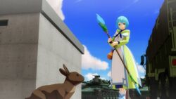  3d animal aqua_eyes aqua_hair building caterpillar_tracks commentary_request day dress female gate_-_jieitai_ka_no_chi_nite_kaku_tatakaeri gm3 gun holding lelei_la_lalena machine_gun mikumikudance_(medium) military military_vehicle motor_vehicle rabbit short_hair sky tank truck type_74_(tank) weapon 