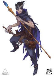  1boy belt belt_pouch black_cloak black_hair cloak commentary crazyred dagger dual_wielding dungeons_&amp;_dragons dungeons_&amp;_dragons:_shadow_over_mystara english_commentary english_text gem gloves grey_hair hair_slicked_back highres holding holding_dagger holding_knife holding_staff holding_weapon key keyring knife mage_staff making-of_available male_focus multicolored_hair paper pouch scabbard scratches scroll sheath simple_background solo staff syous torn_cloak torn_clothes unsheathed weapon white_background white_gloves wizard 