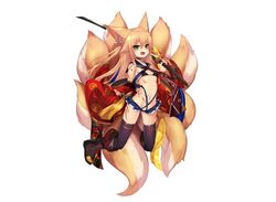  animal_ears bikini blonde_hair boots flat_chest foxgirl green_eyes haik japanese_clothes katana long_hair multiple_tails oerba_yun_fang original skirt swimsuit sword tail tattoo thighhighs weapon white 