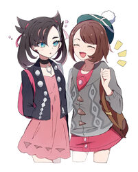  2girls :d absurdres aqua_eyes arm_around_back arms_behind_back asymmetrical_bangs asymmetrical_hair backpack bag black_choker black_hair black_jacket bob_cut bright_pupils brown_eyes brown_hair cardigan choker closed_eyes collared_dress commentary cropped_legs dress earrings gloria_(pokemon) green_headwear grey_sweater hair_ribbon hat highres jacket jewelry light_blush long_sleeves looking_at_another marnie_(pokemon) medium_hair multiple_girls nanashiba_(banntlla) notice_lines open_mouth parted_lips pendant pink_dress pokemon pokemon_swsh red_ribbon ribbon short_dress short_hair simple_background smile standing sweater swept_bangs tam_o&#039;_shanter twintails white_background white_pupils yuri 