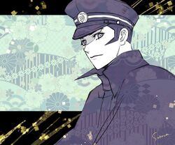  1boy black_cape black_hair black_hat cape commentary_request devil_summoner_(series) hat kuzunoha_raidou looking_at_viewer male_focus patterned_background peaked_cap shin_megami_tensei sideburns signature solo tombsakura upper_body 