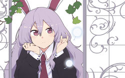  animal_ears black_jacket blazer blush buttons closed_mouth collared_shirt commentary_request dandelion eyelashes female flower hair_between_eyes hand_on_own_face head_rest jacket leaf light_purple_hair long_hair long_sleeves looking_at_viewer necktie nurupo_(abooon) purple_eyes rabbit_ears red_necktie reisen_udongein_inaba shirt sidelocks solo suit_jacket touhou twirling_hair white_shirt window wing_collar 