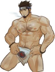  1boy abs amaimochi bara beard black_hair bulge chest_hair cigarette cropped_legs facial_hair forehead_protector highres large_pectorals loincloth male_focus mature_male muscular muscular_male naruto_(series) naruto_shippuuden navel navel_hair nipples pectorals sarutobi_asuma short_hair smoke smoking solo thick_thighs thighs topless_male unfinished 