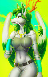  anthro asian_mythology breasts clothed clothing colored detailed digital_drawing_(artwork) digital_media_(artwork) digital_painting_(artwork) dragon east_asian_mythology eastern_dragon english_text eyewear female fur glasses glowing green_hair hair hi_res horn light lighting mythological_creature mythological_scalie mythology portrait rizonik scalie shaded simple_background smile soft_shading solo sparkles stripes text three-quarter_portrait topwear tube_top watermark wings 