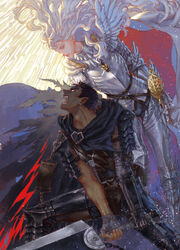  2boys armor berserk black_hair cape closed_eyes dragonslayer_(sword) english_commentary griffith_(berserk) guts_(berserk) highres holding holding_sword holding_weapon long_hair male_focus multiple_boys open_mouth pointy_ears shaliva short_hair sword torn torn_cape torn_clothes weapon white_hair 