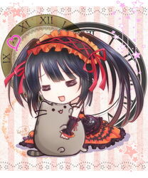  =_= black_hair chibi closed_eyes commentary_request crossover date_a_live dated detached_sleeves dress feline female hairband happy heart lolita_fashion lolita_hairband long_hair open_mouth pusheen_the_cat pusheen_the_cat_(series) roman_numeral smile tokisaki_kurumi twintails uneven_twintails very_long_hair youda_(seravichacha) 