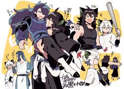  4boys animal_ears arrow_(symbol) baseball_bat black_hair black_tank_top blue_hair cat_boy cat_ears cat_tail fengxi_(the_legend_of_luoxiaohei) green_eyes hand_up hands_in_pockets index_finger_raised layered_sleeves long_hair long_sleeves luo_xiaohei luo_xiaohei_(human) luo_xiaohei_zhanji multiple_boys multiple_persona oerba_yun_fang open_mouth outline profile purple_eyes purple_hair scar short_hair short_over_long_sleeves short_sleeves smile tail tank_top translation_request vox white_hair white_outline wuxian_(the_legend_of_luoxiaohei) 