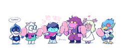  1other 2girls 3boys absurdres animal_ears antlers beak berdly_(deltarune) bird_boy blue_skin colored_skin commentary cotton_candy deltarune eating english_text goat_ears goat_horns hair_over_eyes heart highres horns kris_(deltarune) lancer_(deltarune) multiple_boys multiple_girls noelle_holiday purple_skin ralsei rariatto_(ganguri) reindeer_antlers reindeer_girl scouter susie_(deltarune) 