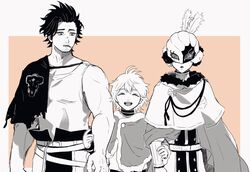  3boys age_difference aiguillette black_bulls_(emblem) black_clover border capelet cloak facial_hair fur-trimmed_capelet fur-trimmed_cloak fur_trim goatee golden_dawn_(emblem) greyscale_with_colored_background grin hat_feather height_difference highres julius_novachrono long_sideburns looking_at_another male_focus mask monochrome moustache multiple_boys muscular muscular_male nasaya_(sayayu) short_hair sideburns simple_background size_difference smile stubble tank_top torn_capelet torn_clothes white_tank_top william_vangeance yami_sukehiro 