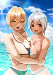  2girls absurdres asymmetrical_docking beach bikini black_bikini blonde_hair blue_bikini blush breast_press breasts cloud dark-skinned_female dark_skin day grey_hair hair_between_eyes hayama_marin highres hug large_breasts long_hair looking_at_viewer majomarity_(nijisanji) multiple_girls nijisanji nui_sociere ocean oerba_yun_fang open_mouth outdoors skin_fang sky striped_bikini striped_clothes swimsuit tan virtual_youtuber white_bikini yellow_eyes yuunoro. 