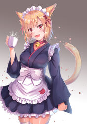  animal_ears apron bell blonde_hair cat_ears cat_tail cocoasabure collar commentary_request cowboy_shot cup facial_mark female final_fantasy final_fantasy_xiv frilled_apron frills gradient_background highres japanese_clothes kimono looking_at_viewer maid_headdress miqo&#039;te neck_bell nontraditional_miko oerba_yun_fang open_mouth photoshop_(medium) red_eyes short_hair slit_pupils solo standing tail thighhighs waist_apron warrior_of_light_(ff14) whisker_markings white_thighhighs 