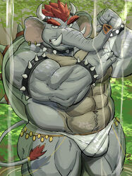  1boy :d ^_^ abs animal_ears armlet ass bad_id bad_twitter_id bara bowser bracelet bulge closed_eyes elephant_boy elephant_ears elephant_tail facial_hair feet_out_of_frame flexing forked_eyebrows furrification furry furry_male goatee_stubble highres horns huge_eyebrows jewelry lake large_pectorals loincloth male_focus mario_(series) miazuma_shouki muscular muscular_male mustache_stubble navel_hair no_nipples parody pectorals short_hair smile solo spiked_armlet spiked_bracelet spiked_shell spikes standing stomach stubble super_mario_bros._wonder tail tail_ornament tail_ring thick_thighs thighs topless_male tusks wet 