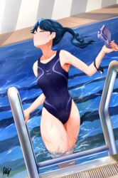  alternate_costume blue_hair blue_one-piece_swimsuit closed_eyes commentary_request competition_swimsuit female goggles highres houshou_(kancolle) kantai_collection long_hair mizuno_(brand) one-piece_swimsuit ponytail pool pool_ladder solo swimsuit tadokoro_nurikabe unworn_goggles unworn_swim_cap wading water 