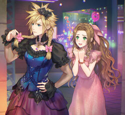  1boy aerith_gainsborough aerith_gainsborough_(basic_pink_dress) blue_eyes blush bow braid cloud_strife cloud_strife_(blue_dress) crossdressing dress female final_fantasy final_fantasy_vii final_fantasy_vii_remake frilled_dress frilled_sleeves frills green_eyes hairbow looking_at_another ohse pink_dress smile sparkle spiked_hair twin_braids wavy_hair 