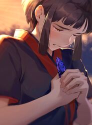  absurdres blush brown_hair clenched_teeth closed_eyes commentary crying female highres holding holding_jewelry japanese_clothes jewelry kaya_(mononoke_hime) kimono midorimura_naoki mononoke_hime short_hair short_kimono solo streaming_tears tearing_up tears teeth 