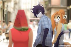  3:2 absurd_res animate_inanimate anthro blue_eyes breasts canid canine clothed clothing dipstick_ears distracted_boyfriend domestic_cat draw_over duo ear_markings eipril elisabeth_(eipril) felid feline felis female food for_a_head fox fruit green_eyes hair hi_res human humor looking_back male mammal melon meme multicolored_ears object_head plant rouen_(eipril) watermelon 