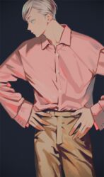  1boy alternate_costume black_background brown_pants buttons collared_shirt cowboy_shot dress_shirt eyebrows eyelashes green_eyes grey_hair haiba_lev haikyuu!! hands_on_own_hips long_sleeves looking_to_the_side male_focus pants pink_shirt shirt short_hair simple_background solo standing yuu_chitose 