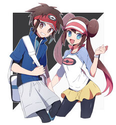  1boy :d bag black_leggings black_pantyhose blue_eyes blue_shirt bow bracelet bright_pupils brown_eyes brown_hair carrying commentary cropped_legs double_bun drawstring duffel_bag female gradient_hair grey_shorts grin hair_bun hat highres jewelry leggings leggings_under_shorts long_hair multicolored_hair nanashiba_(banntlla) nate_(pokemon) open_mouth pantyhose pink_bow pink_hair pink_headwear poke_ball_symbol pokemon pokemon_bw2 print_headwear print_shirt raglan_sleeves red_headwear rosa_(pokemon) shirt short_shorts short_sleeves shorts side-by-side smile twintails very_long_hair visor_cap white_pupils white_shirt yellow_shorts zipper 