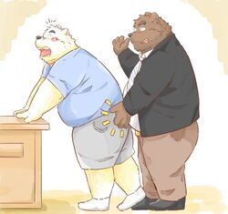  2015 andikapatok anthro bear belly black_nose blush bottomwear brown_body brown_fur butt_slap clothing duo fur hi_res humanoid_hands kemono male male/male mammal necktie overweight overweight_male pants polar_bear shirt slap spanking topwear ursine white_body white_fur 