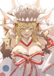  animal_ears bow breasts cleavage extra_ears fate/grand_order fate_(series) female fox_ears headdress highres koyanskaya_(fate) koyanskaya_(lostbelt_beast:iv)_(fate) large_breasts ling_huanxiang long_hair multiple_animal_ears rope shimenawa tamamo_(fate) white_background yellow_eyes 