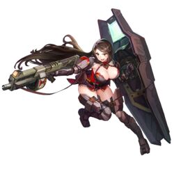  ballistic_shield blush boots breasts brown_hair cleavage combat_shotgun female full_body game_cg green_eyes gun highres large_breasts last_origin leotard long_hair official_art open_mouth paintale shield shotgun smile solo steel_draco_(last_origin) swept_bangs tachi-e thigh_boots thighhighs transparent_background very_long_hair weapon 