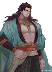  1boy abs absurdres amaimochi bad_id bad_weibo_id bara beard blue_kimono character_request copyright_request cowboy_shot facial_hair hakama hakama_pants highres japanese_clothes kimono large_pectorals long_hair looking_at_viewer male_focus mature_male muscular muscular_male pants pectoral_cleavage pectorals solo stomach stomach_tattoo tattoo thick_eyebrows underpec 