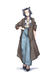  animal_ears black_footwear black_hair blue_pants braid brown_coat cat_ears closed_mouth coat collarbone commentary_request female full_body grey_shirt hand_on_own_hip highres kamatpit long_coat long_hair long_sleeves looking_at_viewer orange_eyes original pants shadow shirt shirt_tucked_in short_hair_with_long_locks simple_background solo twin_braids white_background 