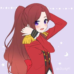  :d aikatsu!_(series) aikatsu_stars! back_bow bad_id bad_pixiv_id blush bow brown_hair brown_vest crescent epaulettes female hoshino_kagari jacket kasumi_yozora long_hair long_sleeves open_clothes open_jacket open_mouth parted_bangs ponytail purple_background purple_eyes red_bow red_jacket s4_uniform skirt smile solo star_(symbol) twitter_username upper_body very_long_hair vest white_skirt 