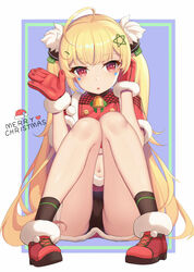  :o ahoge ass azur_lane bell black_panties black_socks blonde_hair christmas commentary eldridge_(azur_lane) eldridge_(holy_night&#039;s_embrace)_(azur_lane) english_commentary english_text facepaint female gloves hair_ornament highres jingle_bell knees_together_feet_apart kojo_(0124) long_hair looking_at_viewer merry_christmas navel official_alternate_costume open_mouth panties pigeon-toed red_eyes red_footwear red_gloves sitting socks solo star_(symbol) star_hair_ornament stomach thighs twintails underwear very_long_hair waving 