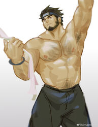  1boy abs absurdres amaimochi arm_up armpits bad_id bad_weibo_id bara beard black_hair chest_hair facial_hair feet_out_of_frame forehead_protector highres large_pectorals looking_up male_focus mature_male muscular muscular_male naruto_(series) naruto_shippuuden navel navel_hair nipples pectorals sarutobi_asuma short_hair solo standing stomach topless_male unfinished 