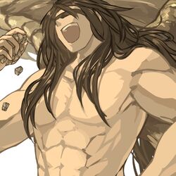  1boy abs arm_at_side bad_id bad_pixiv_id bare_arms bare_back bare_shoulders biceps black_blindfold blindfold brown_hair collarbone covered_eyes elona facing_viewer hair_over_shoulder hand_up harusame_(rueken) holding holding_rock long_hair lowres male_focus opatos_of_earth open_mouth rock simple_background solo teeth toned toned_male upper_body upper_teeth_only very_long_hair white_background wings 