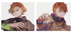  2boys aiguillette annoyed black_bulls_(emblem) black_clover blue_eyes border brothers brown_hair capelet clenched_teeth column_lineup ear_piercing emblem finral_roulacase fur-trimmed_capelet fur_trim furrowed_brow golden_dawn_(emblem) hand_up highres insignia langris_vaude long_sleeves male_focus multiple_boys nasaya_(sayayu) opposing_sides piercing purple_eyes short_hair siblings simple_background smile symmetry tassel teeth v-shaped_eyebrows white_border 