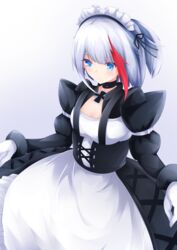  absurdres admiral_graf_spee_(azur_lane) alternate_costume apron azur_lane black_choker black_dress blue_eyes blush breasts choker cleavage cross dress enmaided female frilled_apron frills gloves hands_up highres iron_cross long_sleeves looking_at_viewer maid maid_headdress medium_breasts medium_hair multicolored_hair osatou_(soul_of_sugar) red_hair smile solo streaked_hair two-tone_hair waist_apron white_apron white_gloves white_hair 