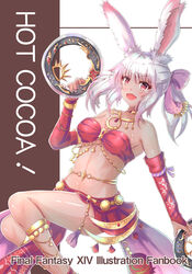  absurdres animal_ears bandeau bare_shoulders bow breasts chakram choker cocoasabure commentary_request cover cover_page dancer_(final_fantasy) dark-skinned_female dark_skin detached_sleeves english_text female final_fantasy final_fantasy_xiv hairbow highres holding holding_weapon jewelry looking_at_viewer medium_breasts oerba_yun_fang open_mouth photoshop_(medium) rabbit_ears red_eyes short_hair smile solo viera warrior_of_light_(ff14) weapon white_hair 